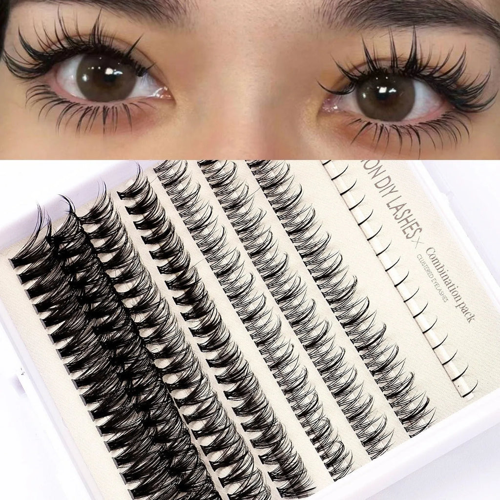 False eyelash glue suit with artificial fiber lashes, glue, tweezers, and brush in coordinated tool set