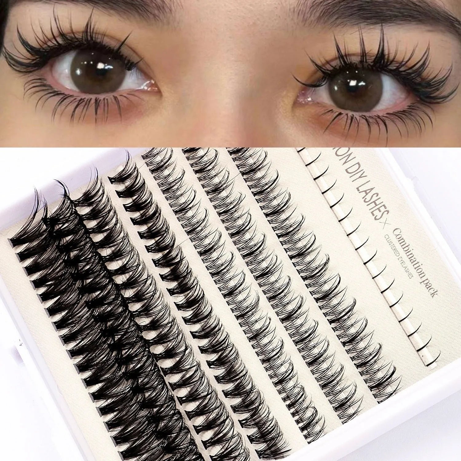 False eyelash glue suit with artificial fiber lashes, glue, tweezers, and brush in coordinated tool set