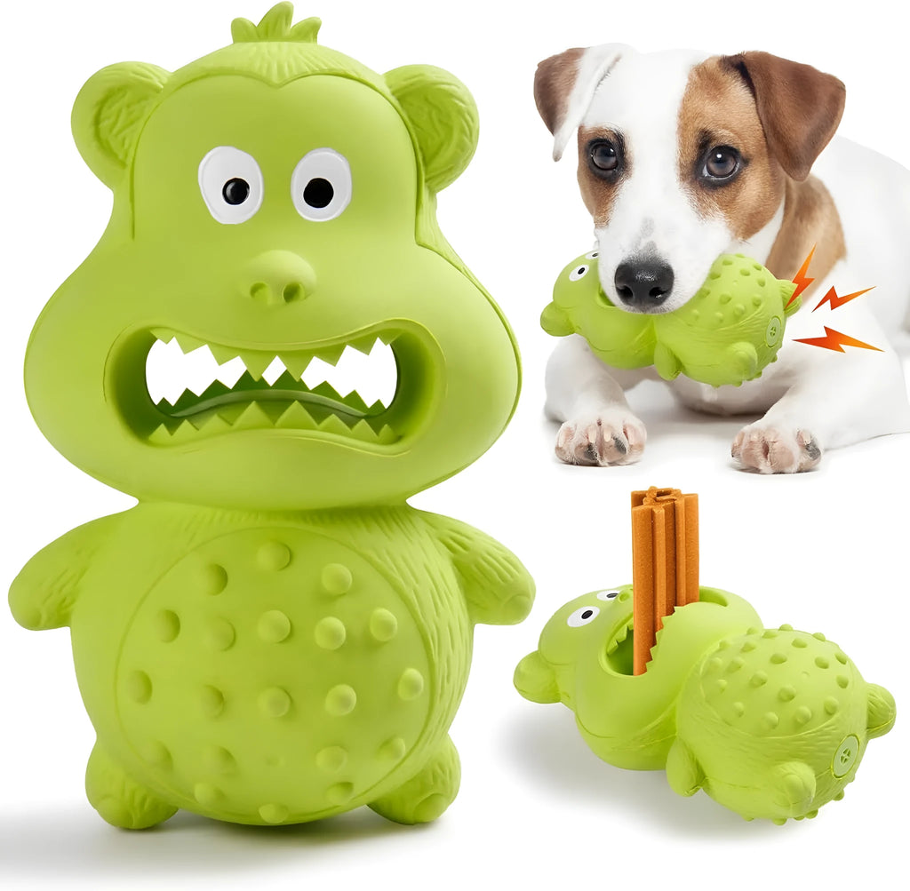 Green and yellow thick natural rubber dog chew toy for aggressive chewers with squeaker.