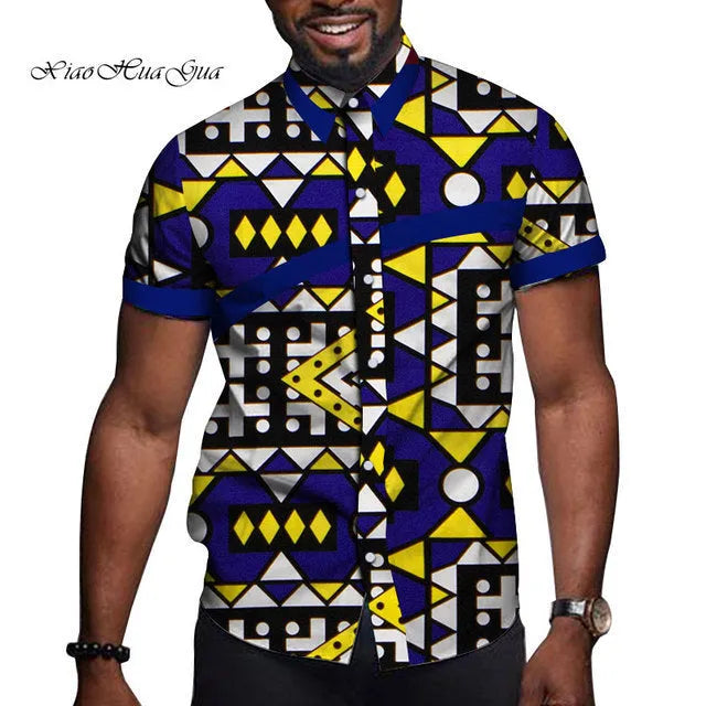 African men cotton printed short sleeve lapel t shirt with colourblock design, available in multiple colours