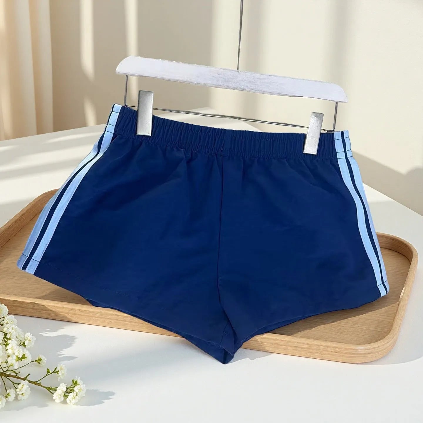 Men's navy blue high waist nylon sports shorts with micro elasticity casual style