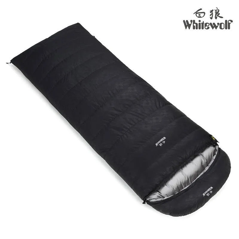 Black outdoor down sleeping bag with envelope structure for adult campers.