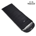 Black outdoor down sleeping bag with envelope structure for adult campers.