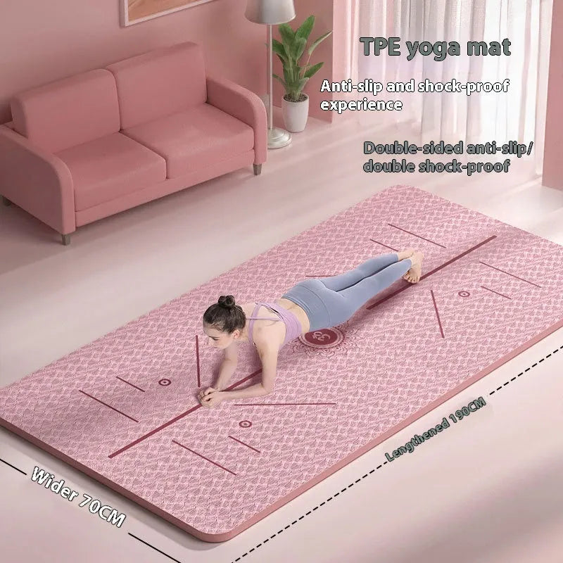 TPE non-slip fitness training mat in mint green colour, showing widened 190cm by 70cm dimensions rolled out on a floor.