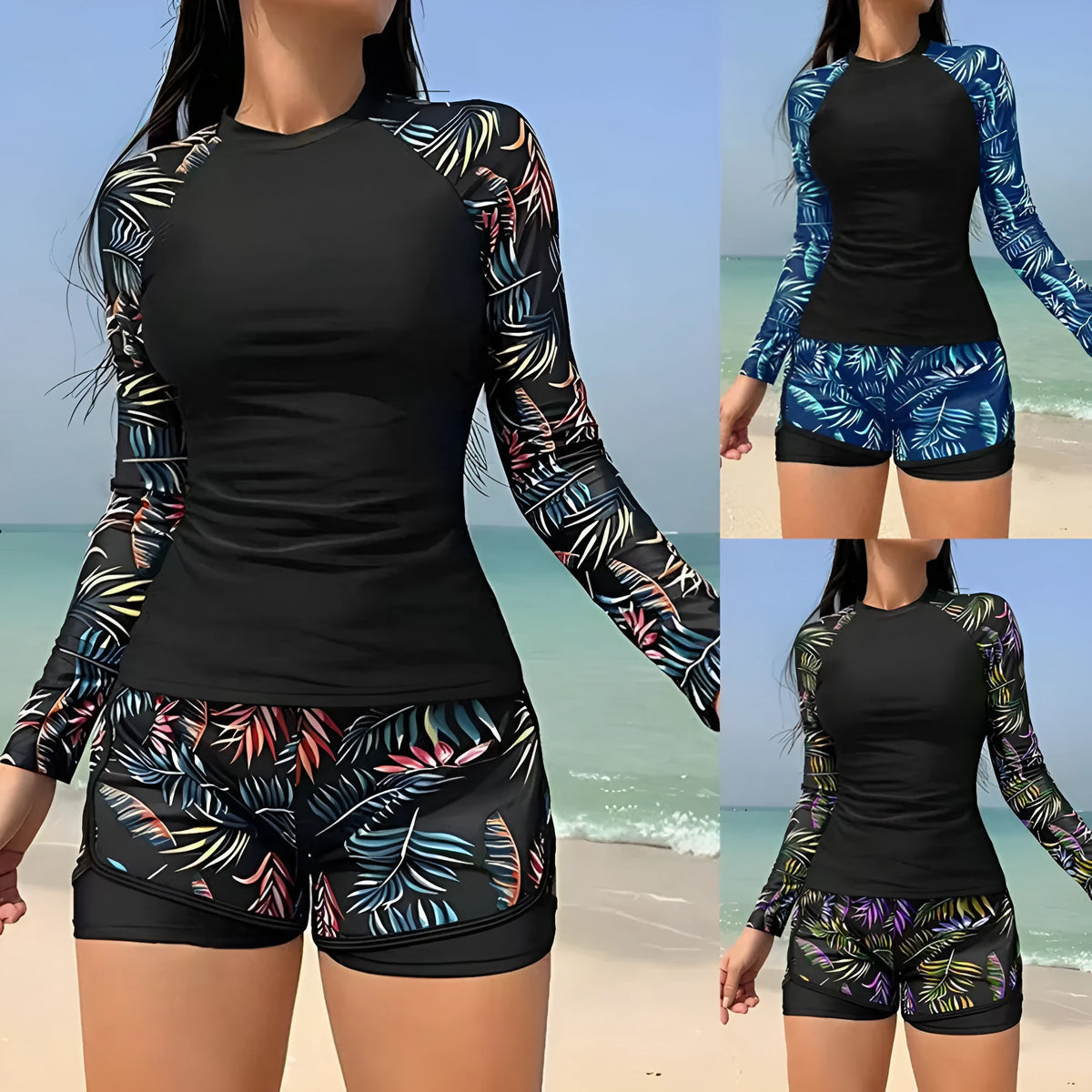 Printed stitching women's split tankini swimsuit in orange blue leaf pattern with high-waisted briefs