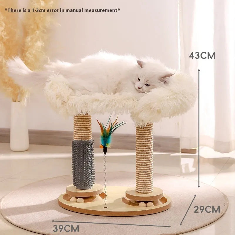 Solid wood cat scratch board with a rotating centre turntable and a stuffed ball in a cat suit design.