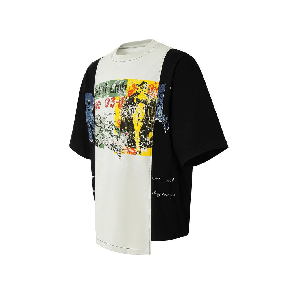 Men's loose fit black and white deconstruction print cotton blend t-shirt on hanger.