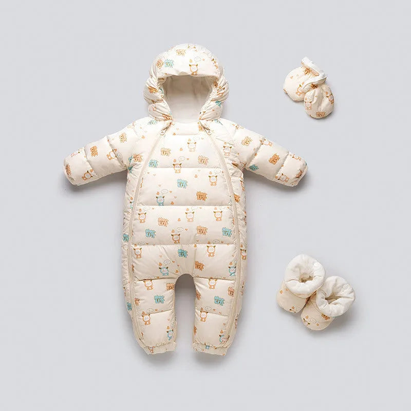 Baby down jacket jumpsuit in bear print with hood, gloves, and shoes for winter