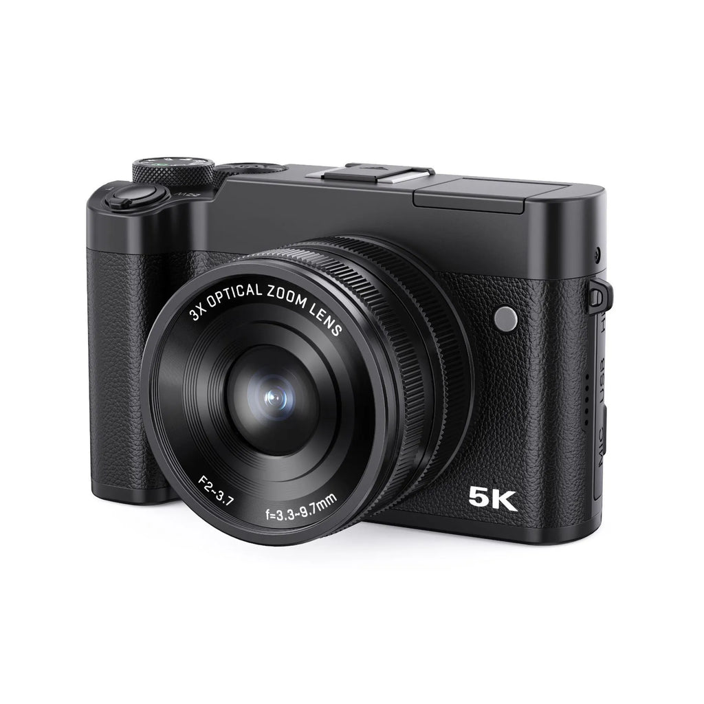 Selfie 5K HD digital optical zoom camera in black with lens and screen