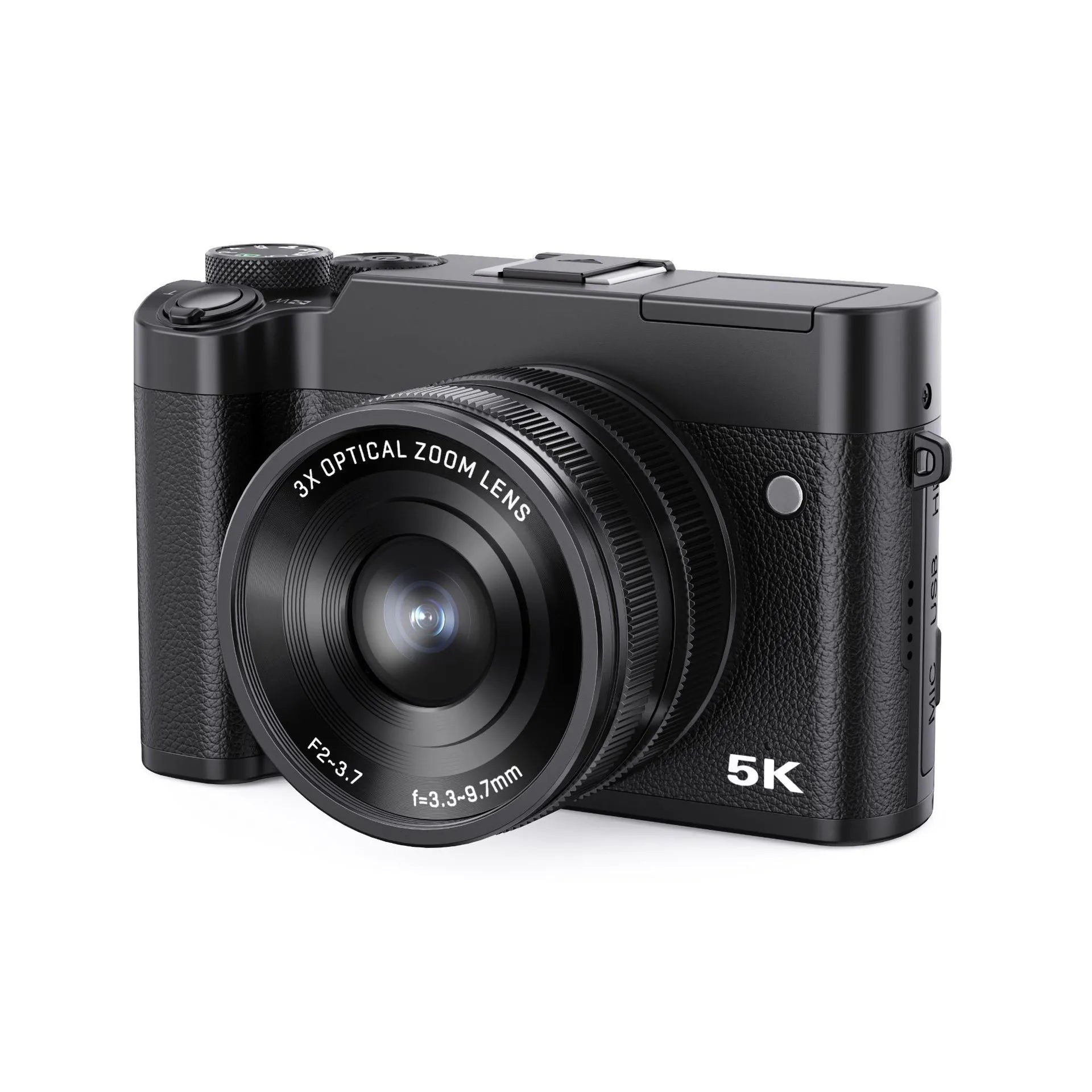 Selfie 5K HD digital optical zoom camera in black with lens and screen