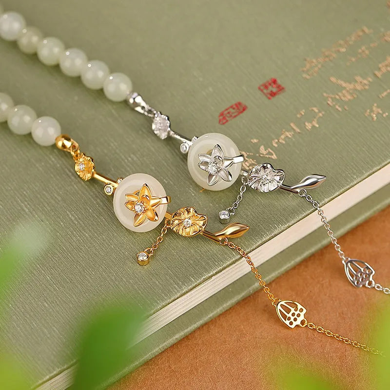 925 silver lotus peace buckle bracelet with Hetian jade inlay on wrist