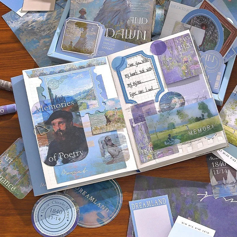 Hand Account Suit Creative Journal Gift Box open to show A6 plaid notebook, decorative papers, cards, and stickers.