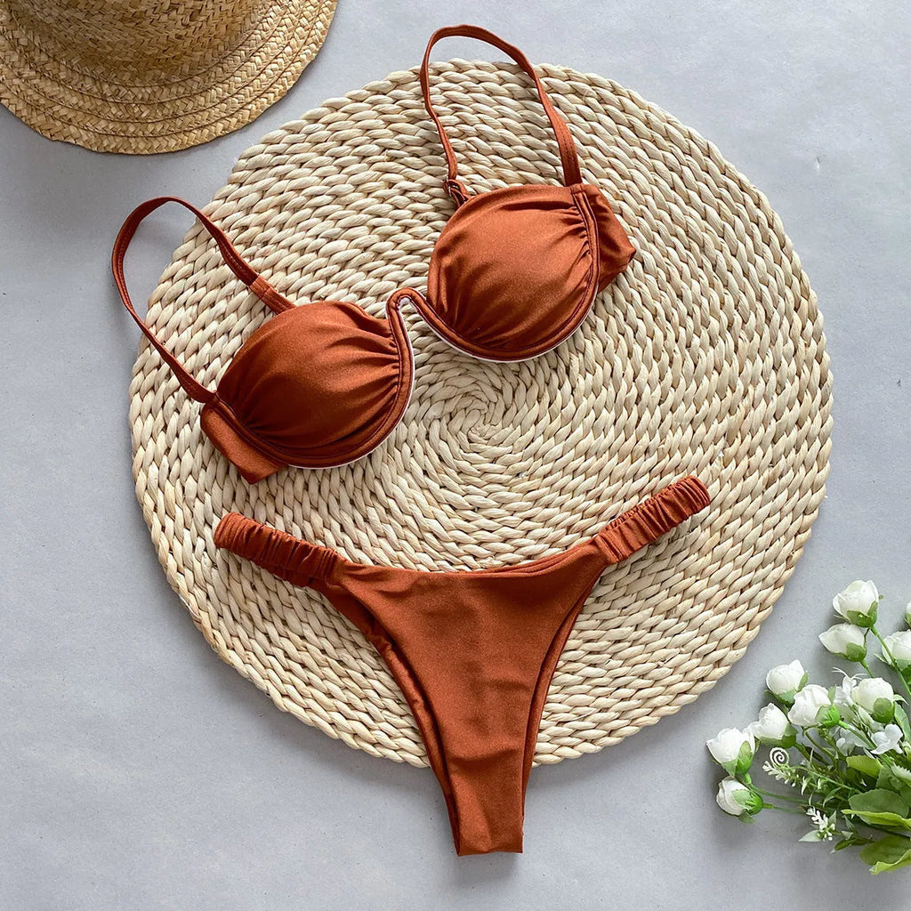 European style women's underwire bikini swimsuit in khaki colour with split briefs design