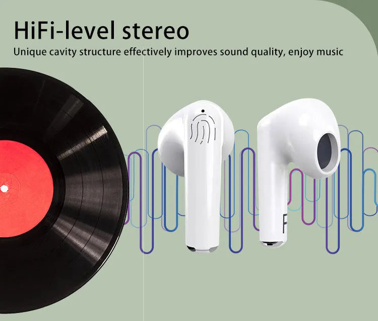 White wireless Bluetooth earphones with a semi-in-ear design and a matching charging case on a clean background.