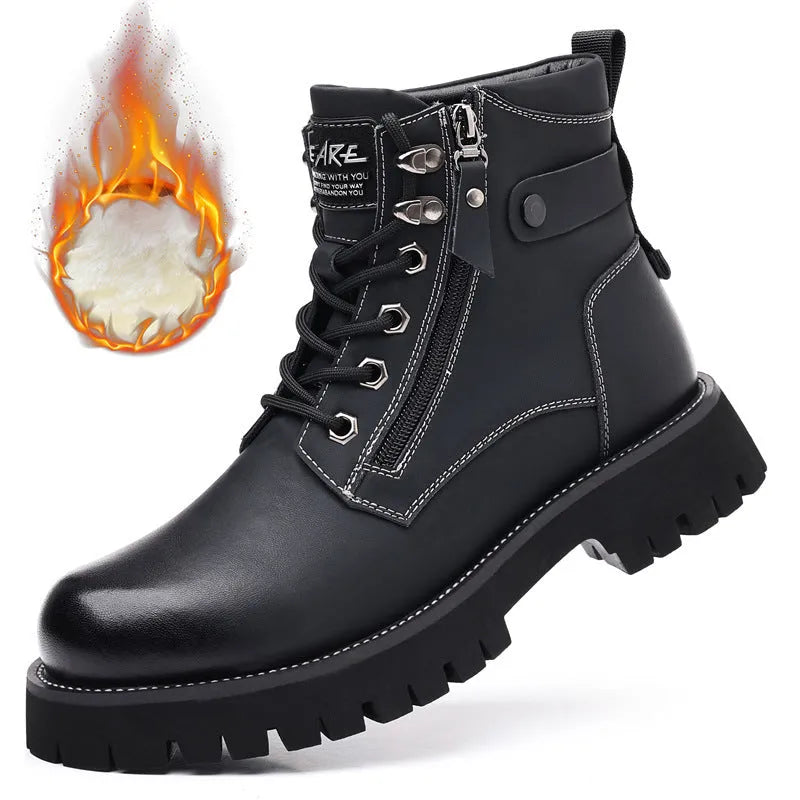 Men's brown leather high-top boots with side zipper and round toe design