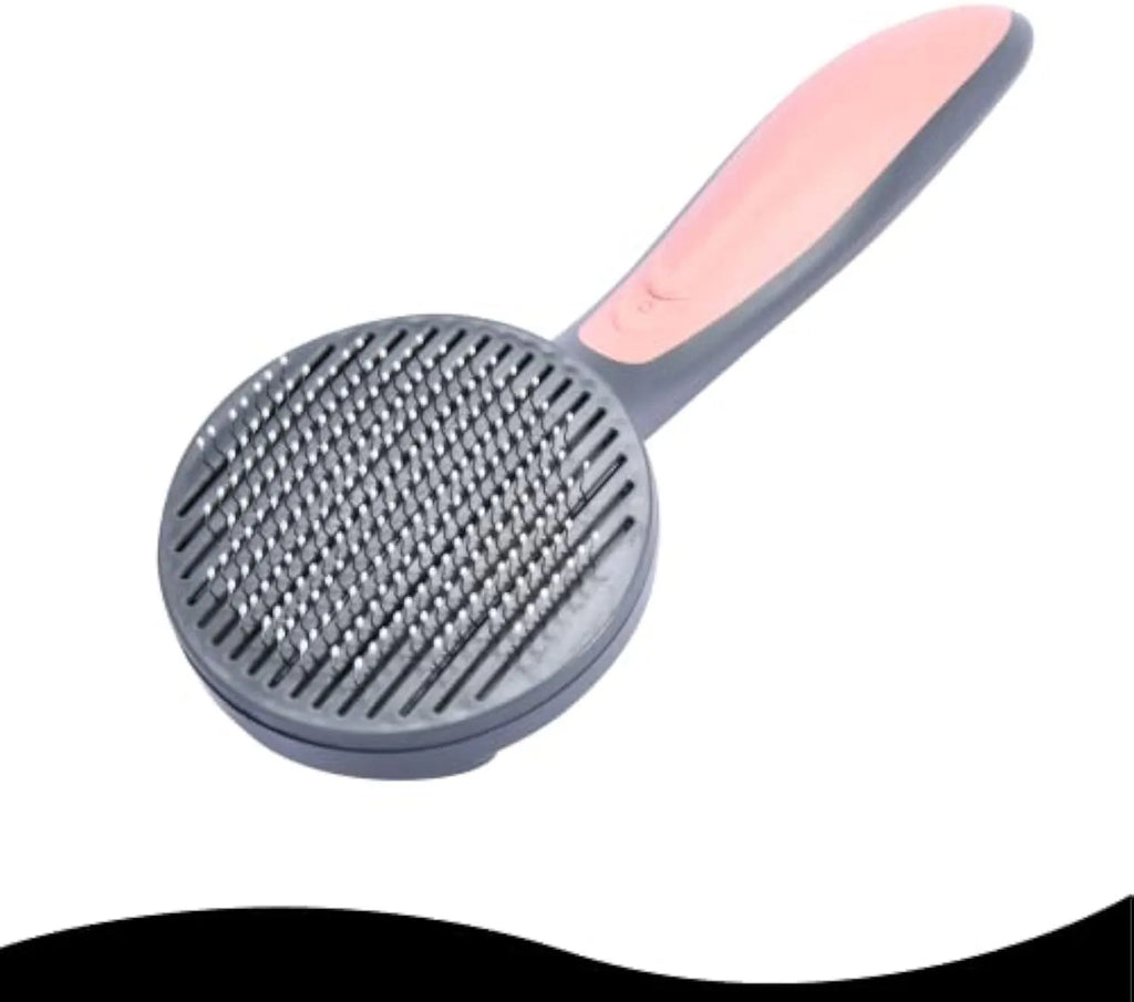 Grey, green, or pink self-cleaning slicker brush for grooming cats, dogs, and rabbits.