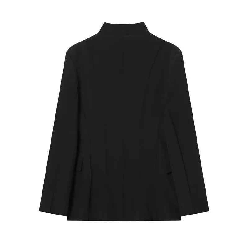 Women's black slim-fit polyester blended suit jacket with long sleeves, loose fit, solid colour