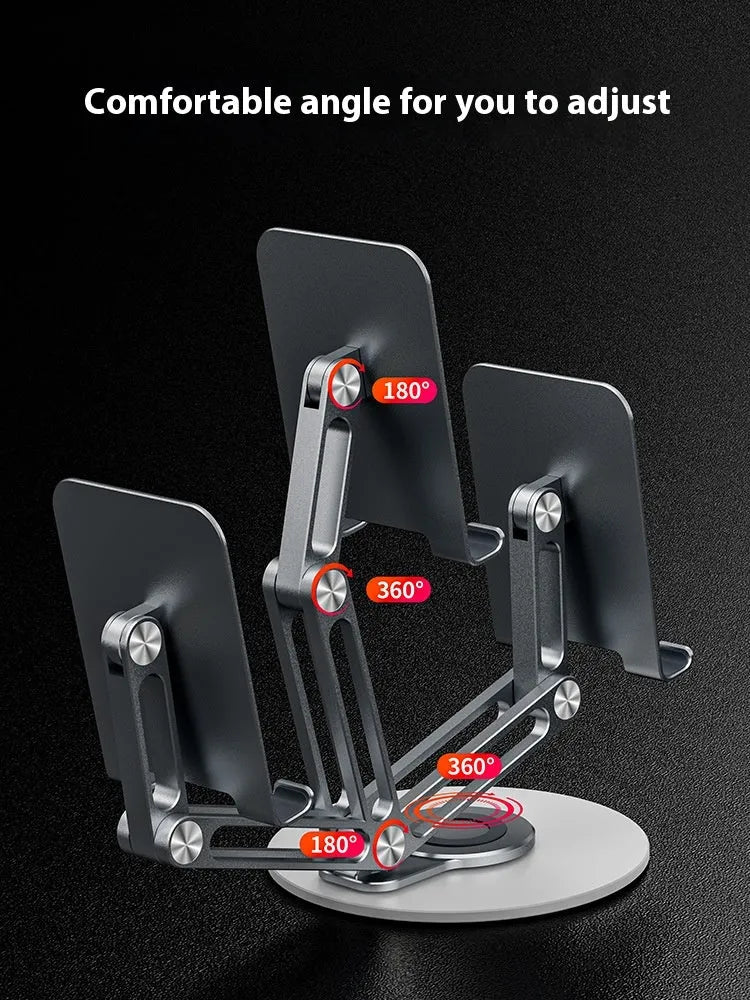 Compact 360-degree rotating mobile phone and tablet stand in metal and silicone, bright moon silver colour