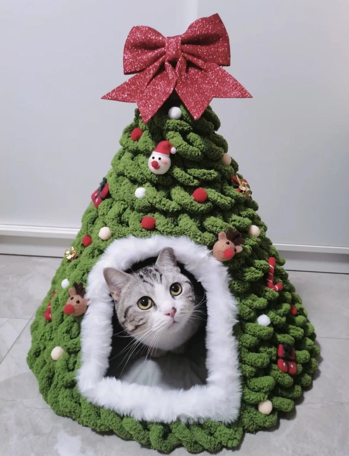 Grey handmade felt cone cat house with 50cm diameter base