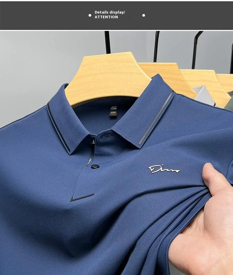 Men's ice silk short sleeve shirt collar summer polo shirt, loose fit, solid colour, nylon fabric, casual top
