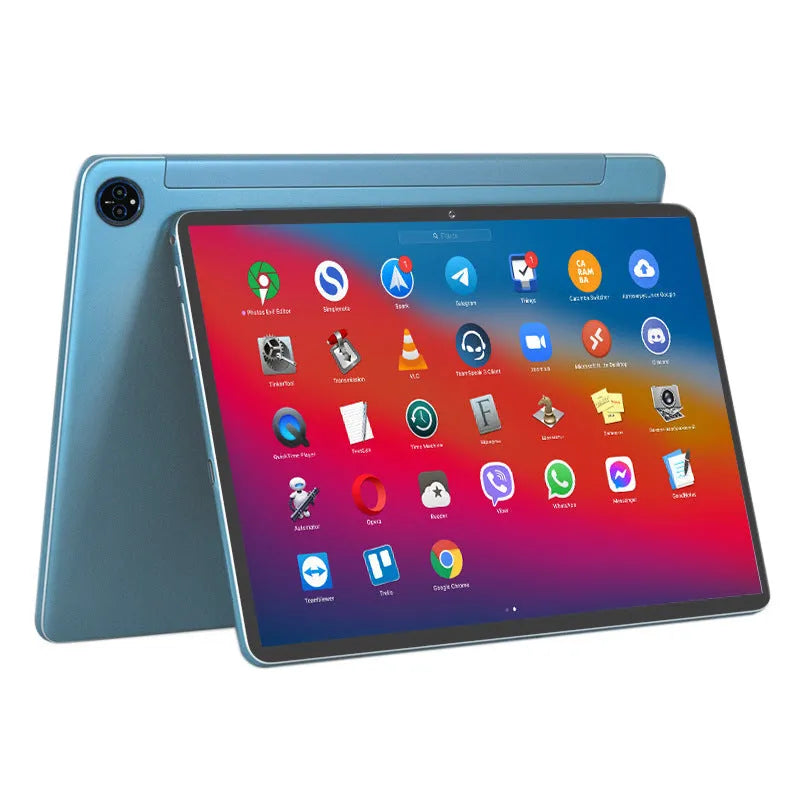 10-inch bare metal blue tablet PC on a desk with charger, USB cable, and screen protector.