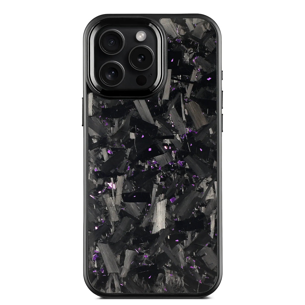 Carbon fibre forged pattern phone case in black on iPhone, showing full-coverage design and material texture