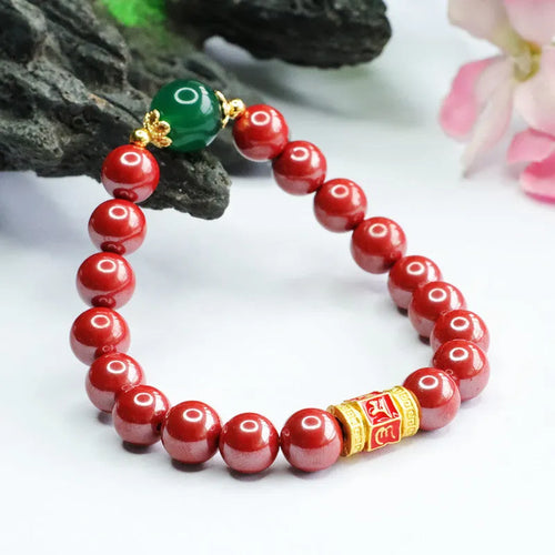Cinnabar bracelet with Emperor Sandstone Six Words Motto design, 8mm bead size.