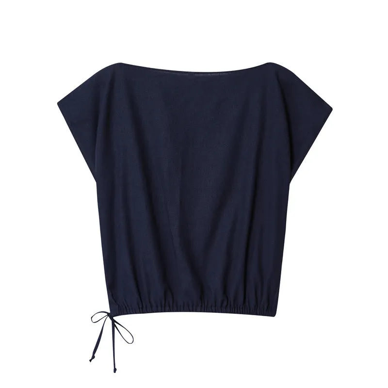 Women's linen shirt top with flounced sleeves and wide-leg trousers set in polyester blend fabric