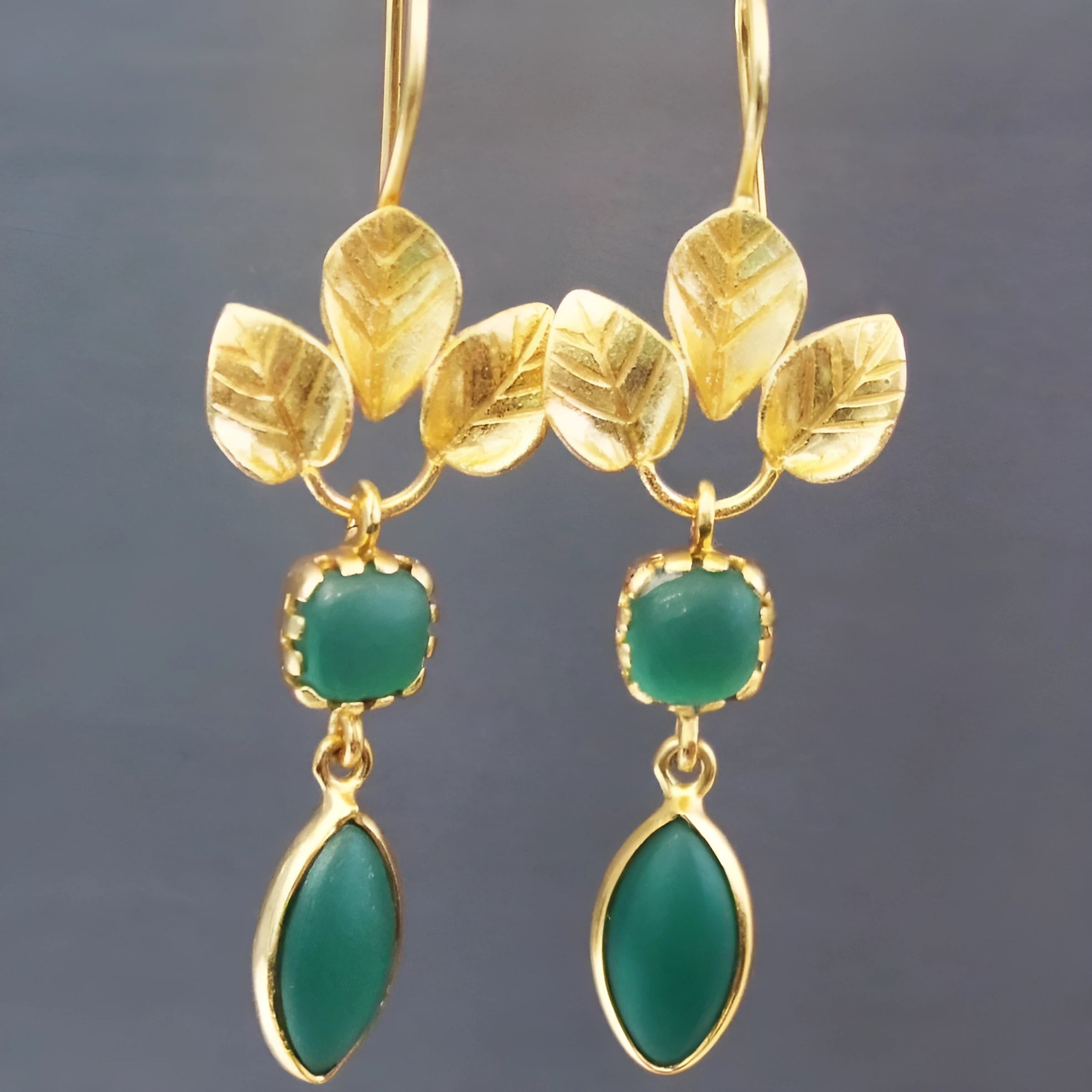 Retro gold copper earrings with drop shape, zircon stones, French leaves and tassel details