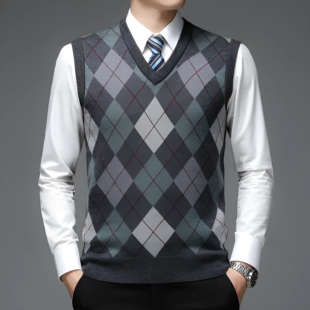Men's V-neck sleeveless knit vest in medium gray with wool blend, regular fit pullover style for autumn winter daily wear