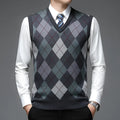 Men's V-neck sleeveless knit vest in medium gray with wool blend, regular fit pullover style for autumn winter daily wear