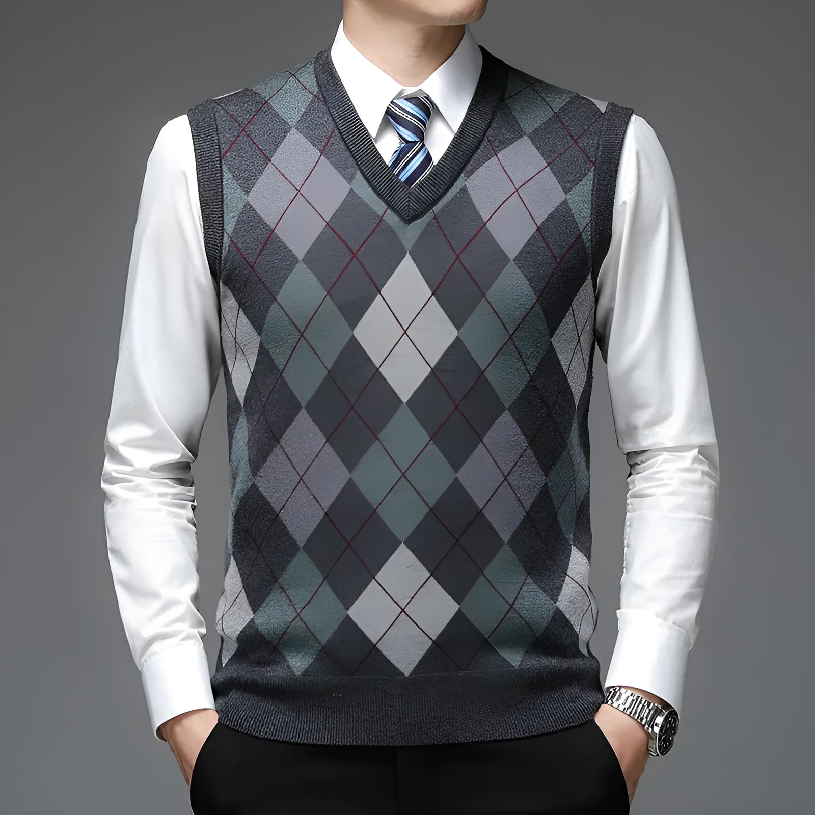 Men's V-neck sleeveless knit vest in medium gray with wool blend, regular fit pullover style for autumn winter daily wear