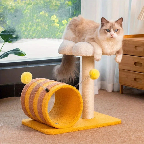 Yellow bee-shaped cat climbing frame with sisal scratching board and tunnel