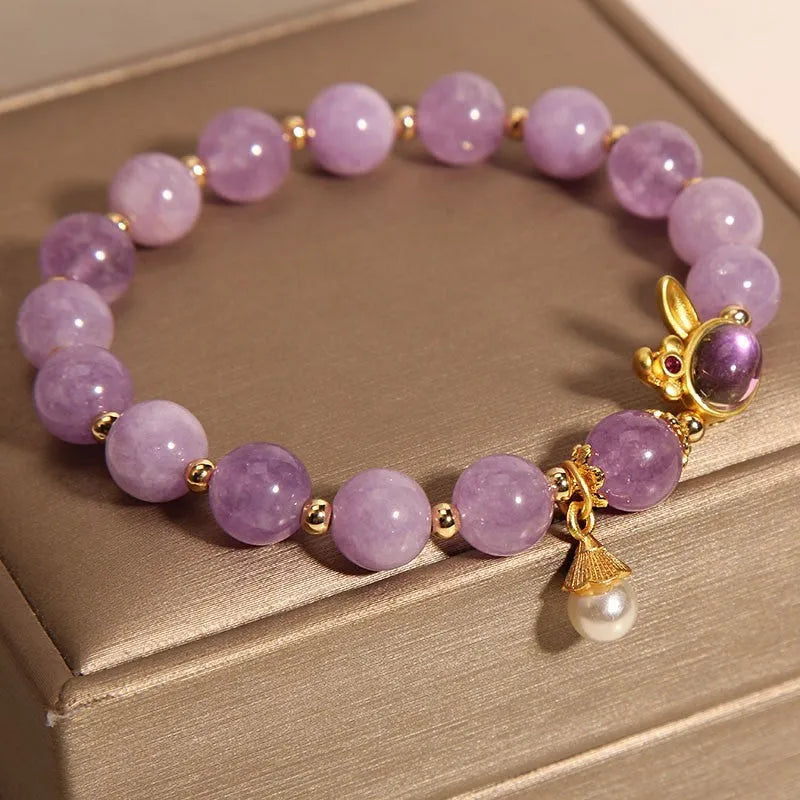 Mauve jade hare head charm bracelet with crystal band in Mori style design
