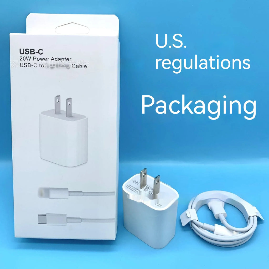 White PD20w 20W USB Type-C charger with 1 metre Lightning cable on white background
