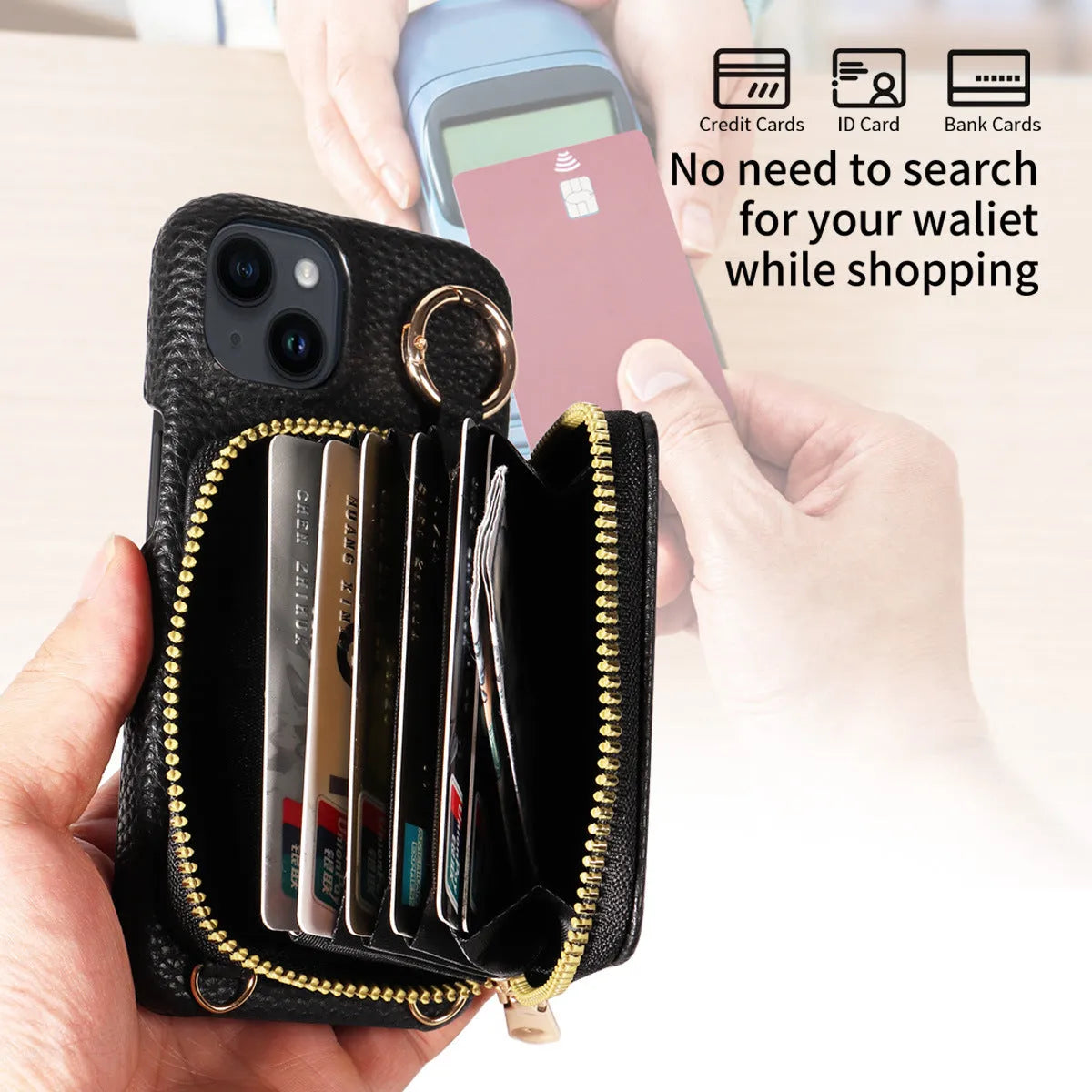 Imitation leather wallet phone case with card slots and crossbody strap, black colour, for iPhone 16 Pro Max