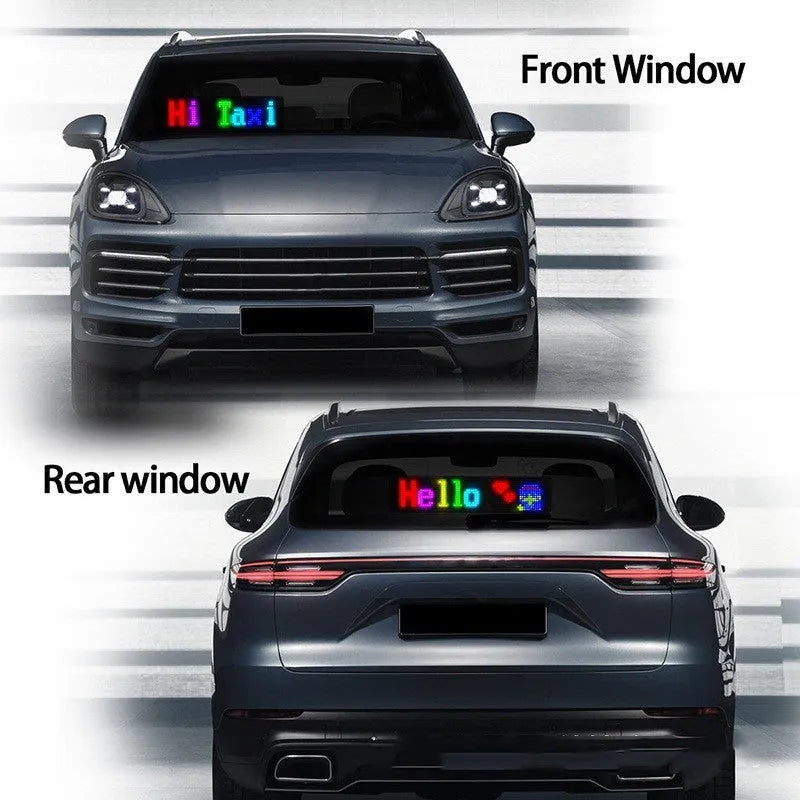 Programmable LED car sign displaying custom text on 7x17cm full-colour screen with flexible design