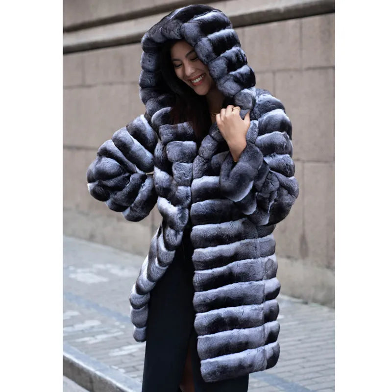 Women's zebra stripe faux mink overcoat with regular sleeves and medium length