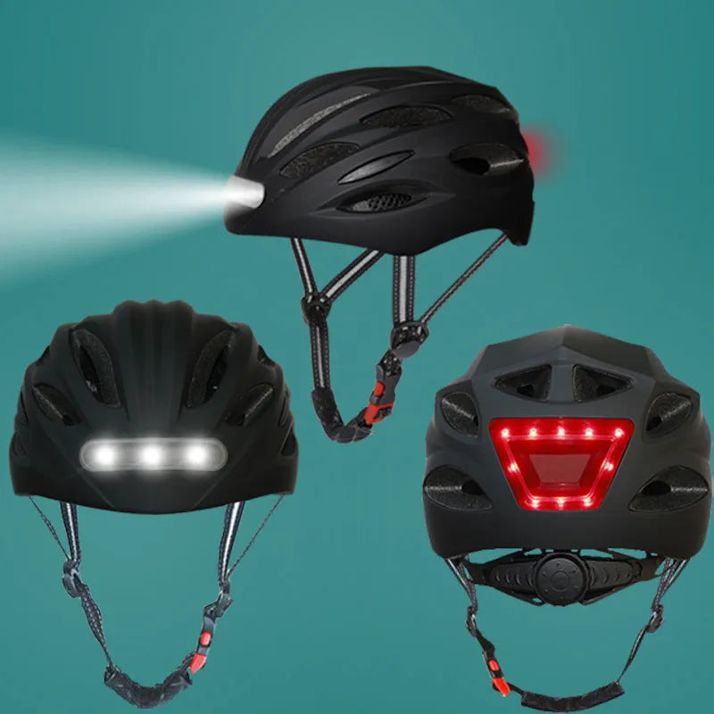 Cycling helmet with integrated LED warning light, available in multiple colours and sizes