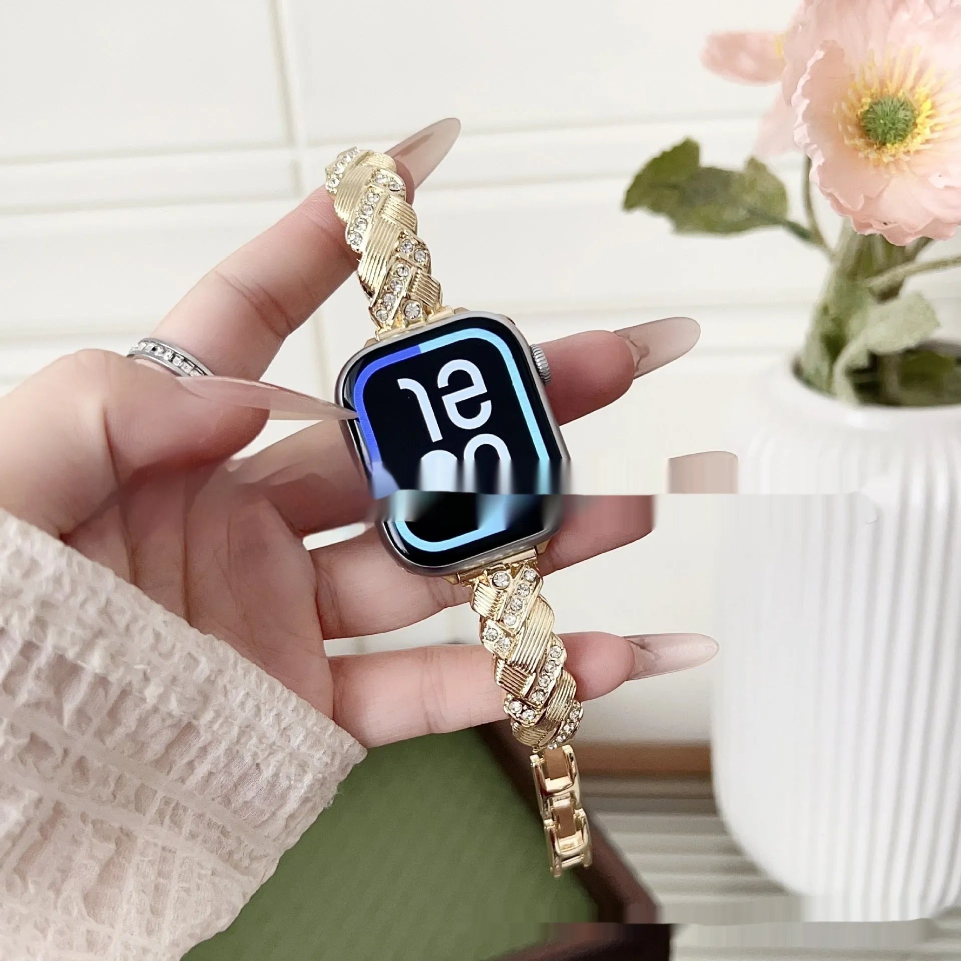 Diamond twist design metal watch strap for Apple Watch in silver, rose gold, gold, black, and starlight colour options
