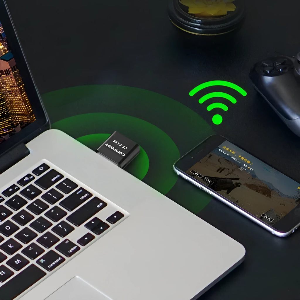 Black USB Bluetooth and network adapter with nickel-plated wolf tooth interface for Windows PC connectivity