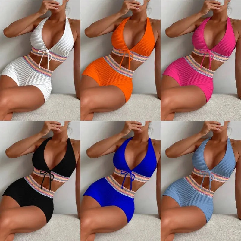 Women's high waist bikini swimsuit with split leg design in blue colour