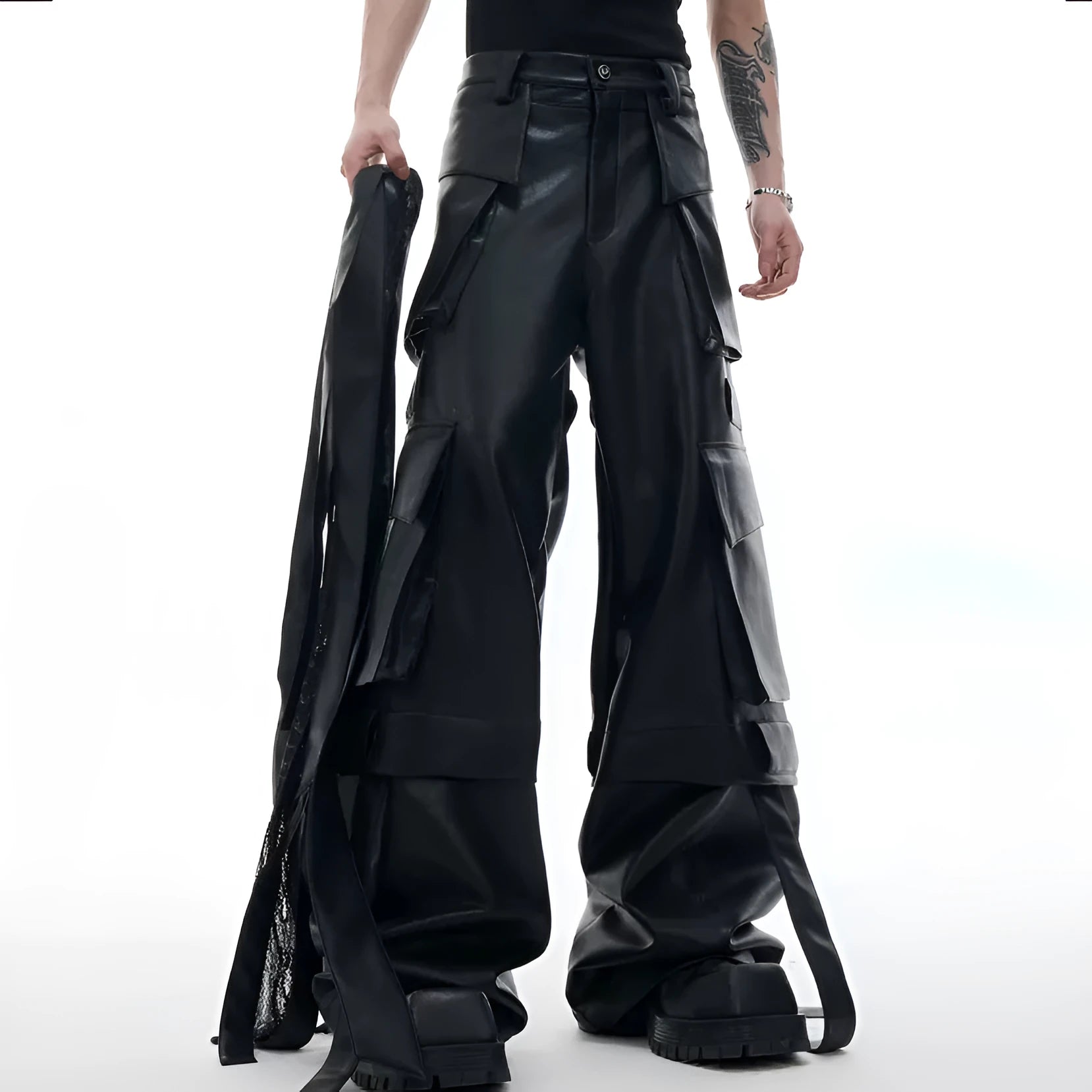 Black quilted leather pants with multiple pockets and ribbon stitching detail