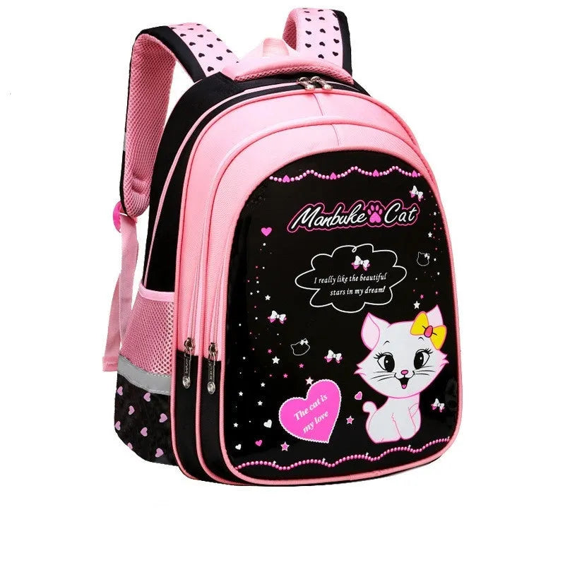 Kids school cute cat print nylon backpack with load-reducing design and computer pocket in pink and black colourway.
