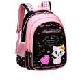 Kids school cute cat print nylon backpack with load-reducing design and computer pocket in pink and black colourway.