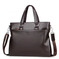 Men's black PU leather business messenger bag with crossbody strap showing 35cm width
