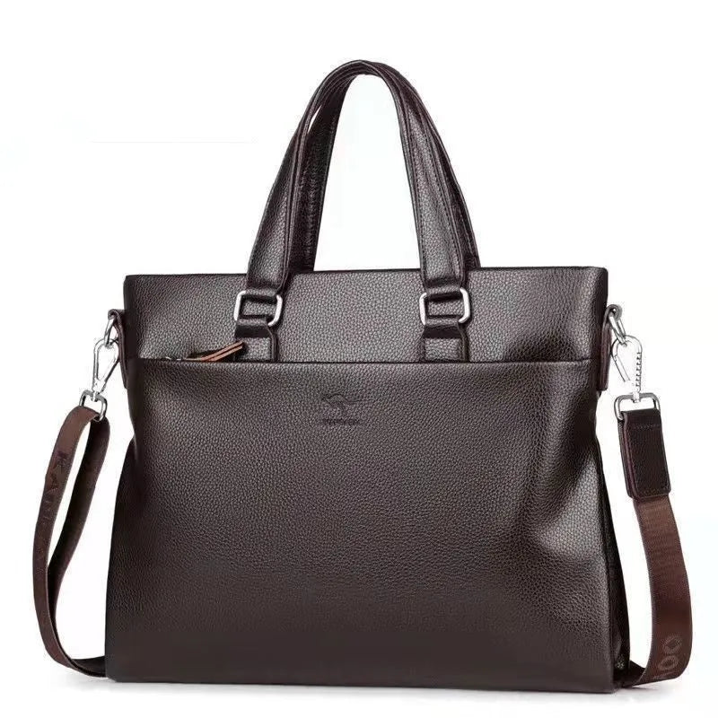 Men's black PU leather business messenger bag with crossbody strap showing 35cm width