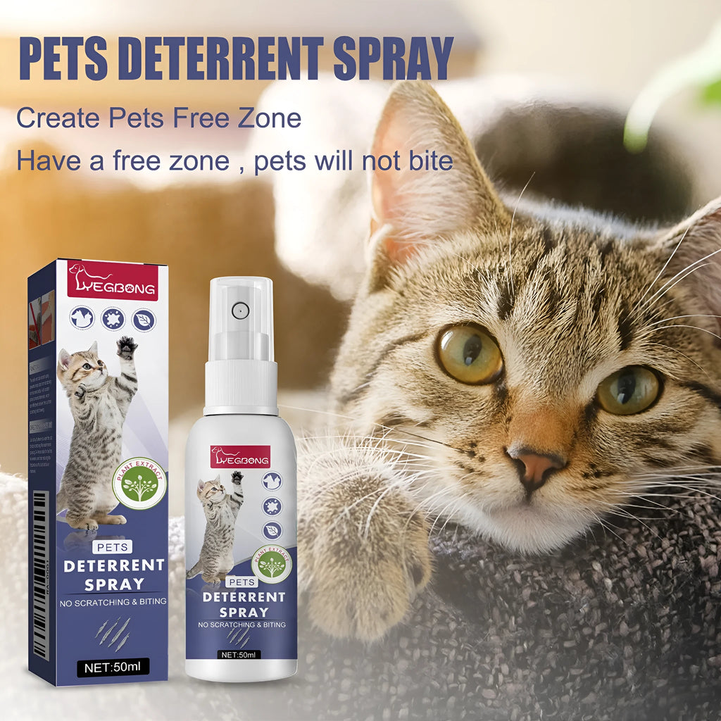 50ml bottle of clear pet deterrent spray in a box to stop cats and dogs scratching furniture.