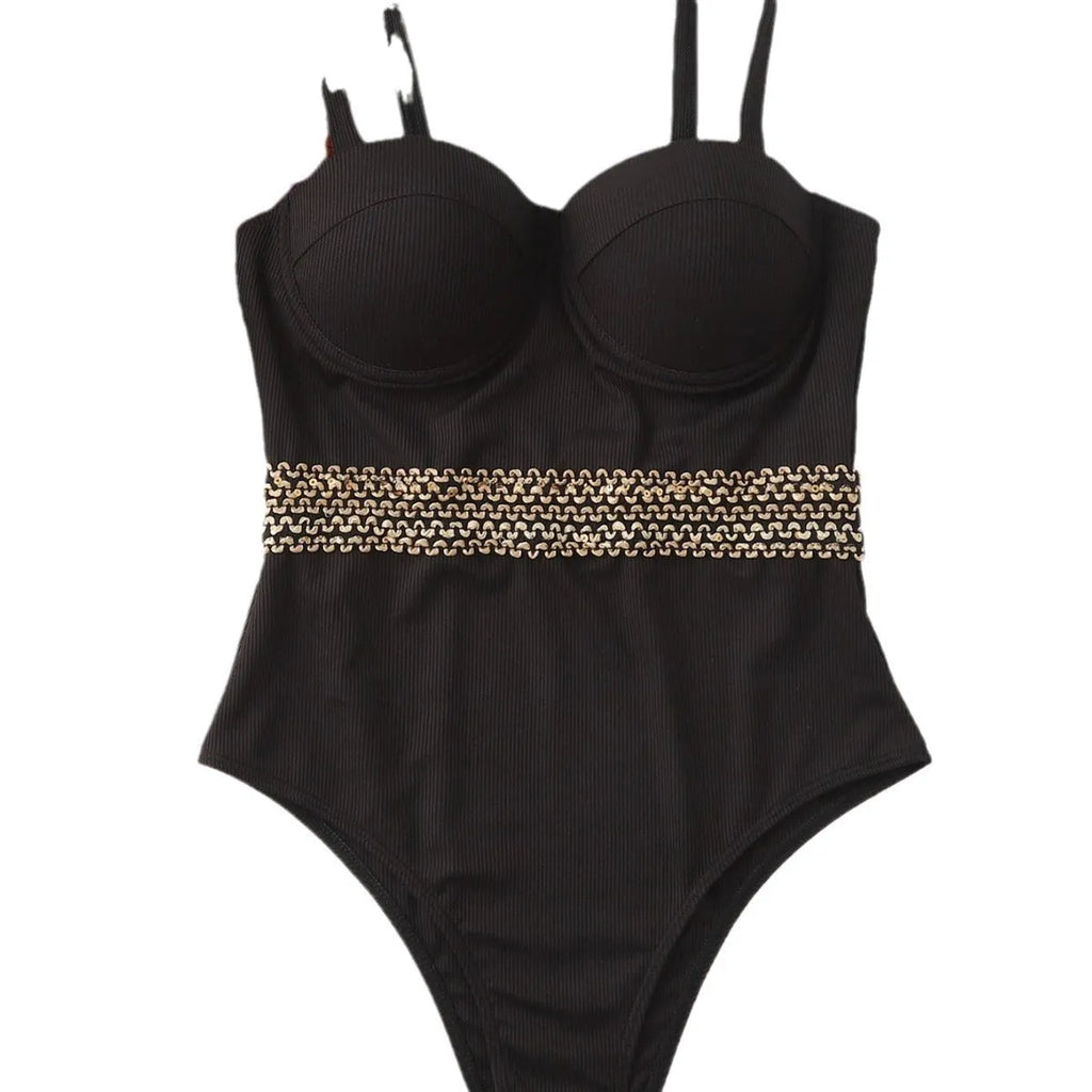 Black one-piece swimsuit for women with adjustable shoulder straps shown on mannequin