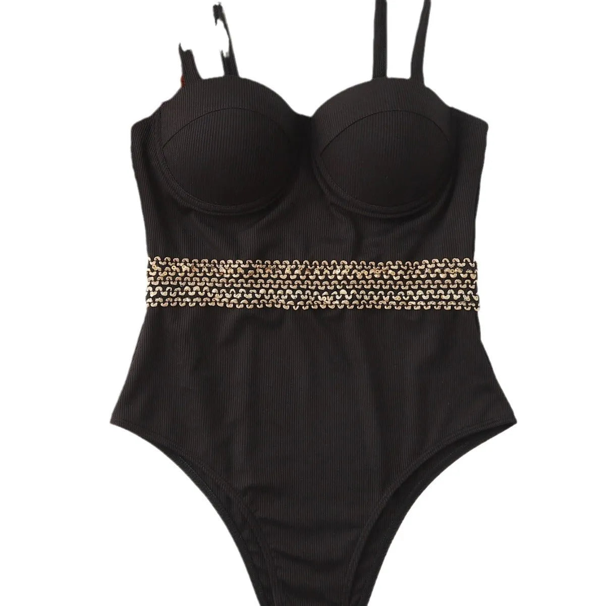 Black one-piece swimsuit for women with adjustable shoulder straps shown on mannequin
